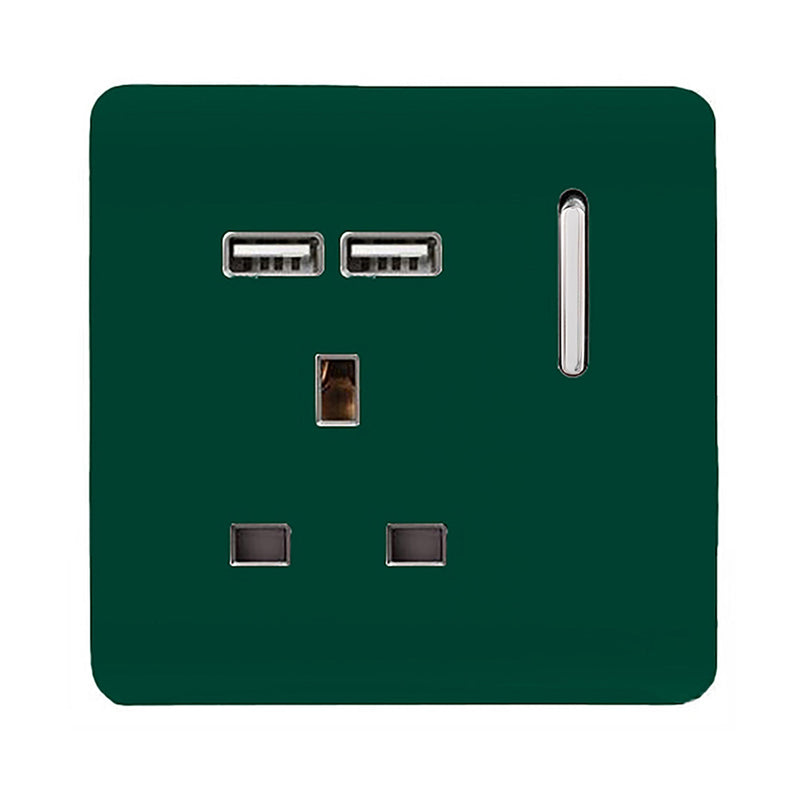 Load image into Gallery viewer, Trendi Switch ART-SKT13USBDG, Artistic Modern 1 Gang 13Amp Switched Socket WIth 2 x USB Ports Dark Green Finish, BRITISH MADE, (35mm Back Box Required), 5yrs Warranty - 53820
