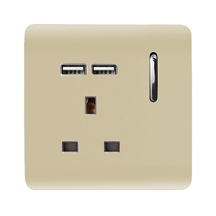 Trendi Switch ART-SKT13USBGO, Artistic Modern 1 Gang 13Amp Switched Socket WIth 2 x USB Ports Champagne Gold Finish, BRITISH MADE, (35mm Back Box Required), 5yrs Warranty - 24299