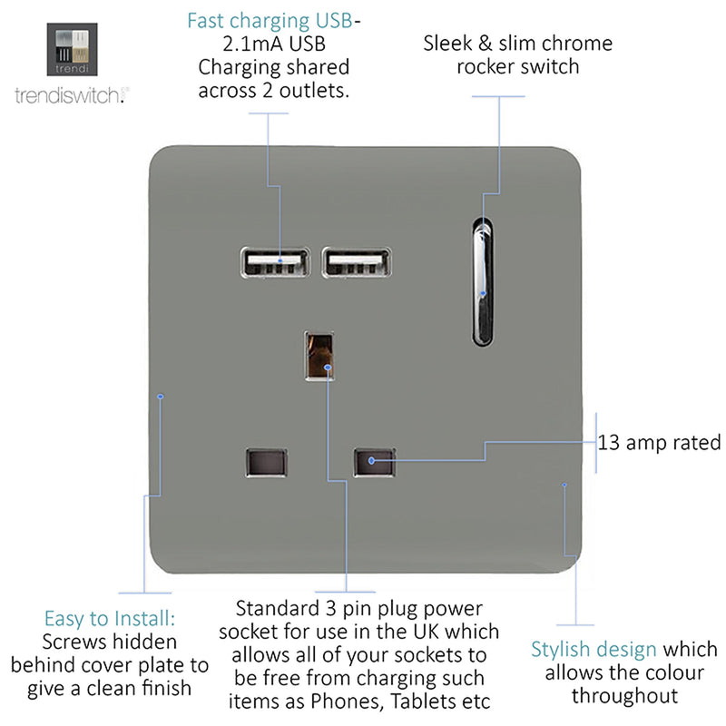 Load image into Gallery viewer, Trendi Switch ART-SKT13USBLG, Artistic Modern 1 Gang 13Amp Switched Socket WIth 2 x USB Ports Light Grey Finish, BRITISH MADE, (35mm Back Box Required), 5yrs Warranty - 53821
