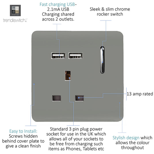 Trendi Switch ART-SKT13USBLG, Artistic Modern 1 Gang 13Amp Switched Socket WIth 2 x USB Ports Light Grey Finish, BRITISH MADE, (35mm Back Box Required), 5yrs Warranty - 53821