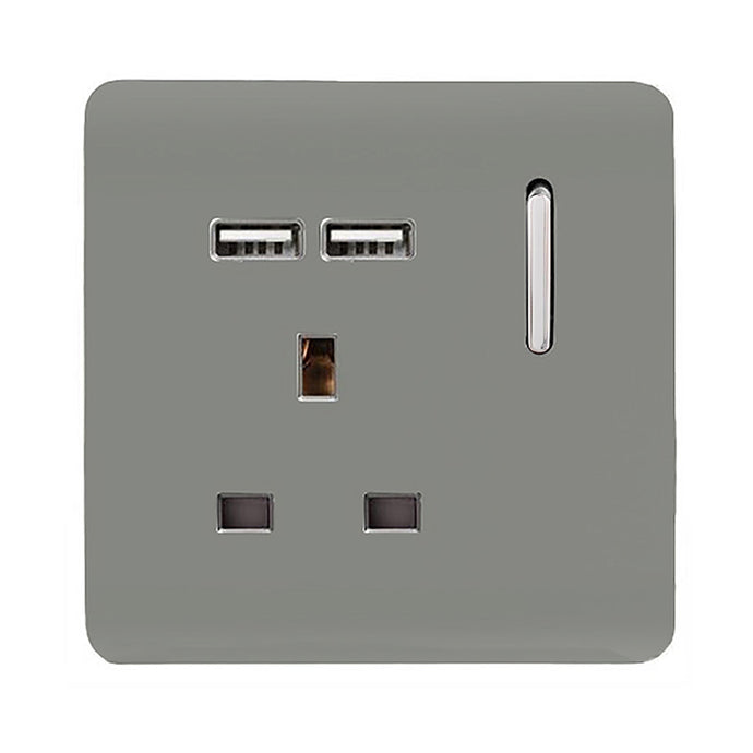 Trendi Switch ART-SKT13USBLG, Artistic Modern 1 Gang 13Amp Switched Socket WIth 2 x USB Ports Light Grey Finish, BRITISH MADE, (35mm Back Box Required), 5yrs Warranty - 53821