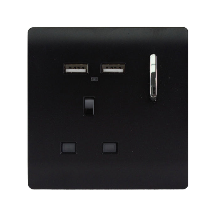 Trendi Switch ART-SKT13USBMBK, Artistic Modern 1 Gang 13Amp Switched Socket WIth 2 x USB Ports Matt Black Finish, BRITISH MADE, (35mm Back Box Required), 5yrs Warranty - 43869