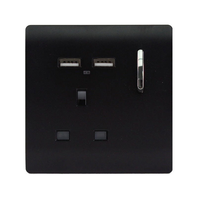 Load image into Gallery viewer, Trendi Switch ART-SKT13USBMBK, Artistic Modern 1 Gang 13Amp Switched Socket WIth 2 x USB Ports Matt Black Finish, BRITISH MADE, (35mm Back Box Required), 5yrs Warranty - 43869
