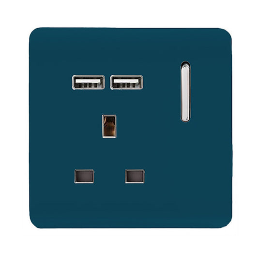 Trendi Switch ART-SKT13USBMD, Artistic Modern 1 Gang 13Amp Switched Socket WIth 2 x USB Ports Midnight Blue Finish, BRITISH MADE, (35mm Back Box Required), 5yrs Warranty - 53822