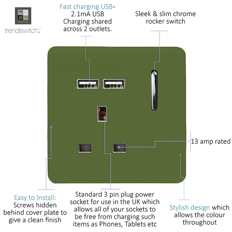 Load image into Gallery viewer, Trendi Switch ART-SKT13USBMG, Artistic Modern 1 Gang 13Amp Switched Socket WIth 2 x USB Ports Moss Green Finish, BRITISH MADE, (35mm Back Box Required), 5yrs Warranty - 53823
