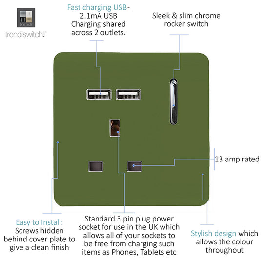 Trendi Switch ART-SKT13USBMG, Artistic Modern 1 Gang 13Amp Switched Socket WIth 2 x USB Ports Moss Green Finish, BRITISH MADE, (35mm Back Box Required), 5yrs Warranty - 53823