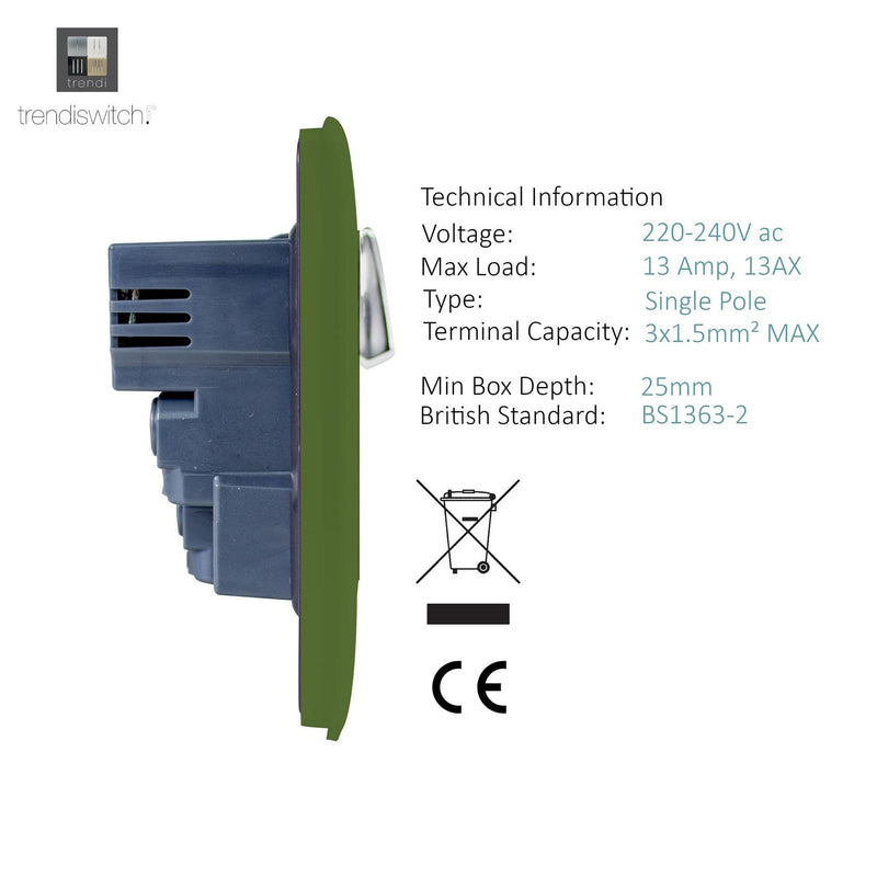 Load image into Gallery viewer, Trendi Switch ART-SKT13USBMG, Artistic Modern 1 Gang 13Amp Switched Socket WIth 2 x USB Ports Moss Green Finish, BRITISH MADE, (35mm Back Box Required), 5yrs Warranty - 53823
