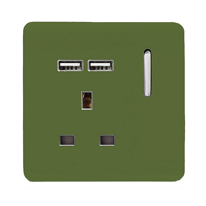 Trendi Switch ART-SKT13USBMG, Artistic Modern 1 Gang 13Amp Switched Socket WIth 2 x USB Ports Moss Green Finish, BRITISH MADE, (35mm Back Box Required), 5yrs Warranty - 53823