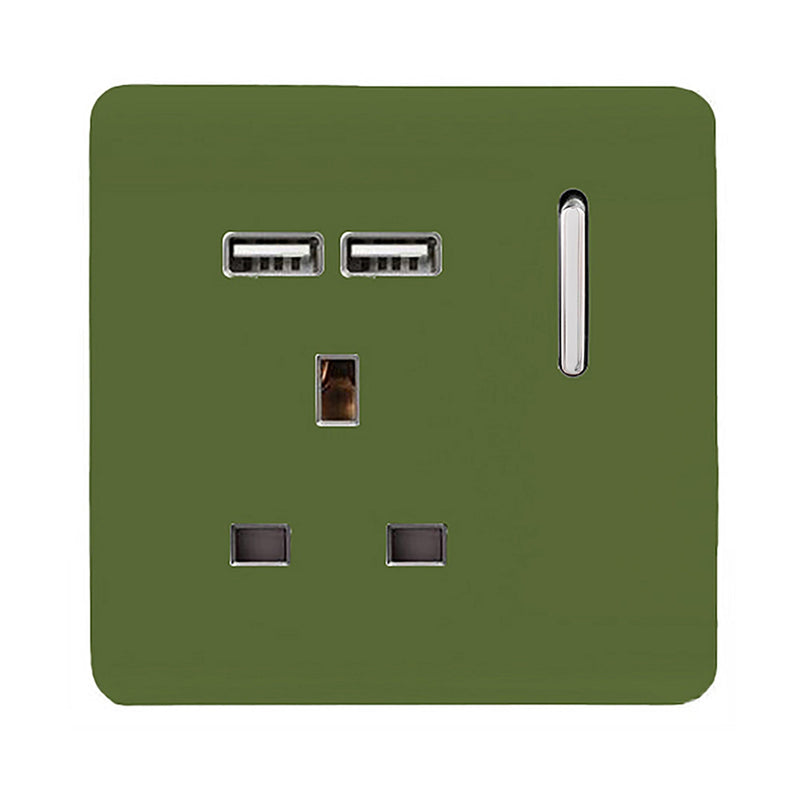 Load image into Gallery viewer, Trendi Switch ART-SKT13USBMG, Artistic Modern 1 Gang 13Amp Switched Socket WIth 2 x USB Ports Moss Green Finish, BRITISH MADE, (35mm Back Box Required), 5yrs Warranty - 53823
