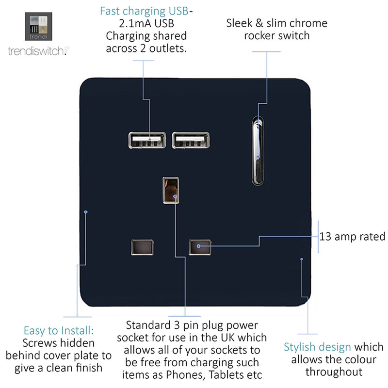 Load image into Gallery viewer, Trendi Switch ART-SKT13USBNV, Artistic Modern 1 Gang 13Amp Switched Socket WIth 2 x USB Ports Navy Blue Finish, BRITISH MADE, (35mm Back Box Required), 5yrs Warranty - 53824
