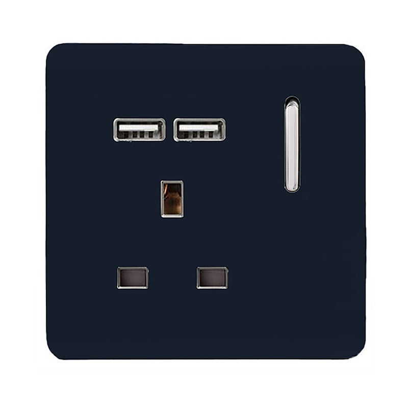 Load image into Gallery viewer, Trendi Switch ART-SKT13USBNV, Artistic Modern 1 Gang 13Amp Switched Socket WIth 2 x USB Ports Navy Blue Finish, BRITISH MADE, (35mm Back Box Required), 5yrs Warranty - 53824
