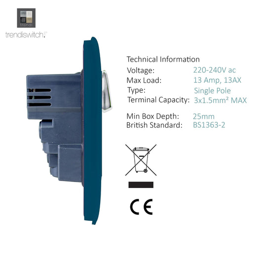 Trendi Switch ART-SKT13USBOB, Artistic Modern 1 Gang 13Amp Switched Socket WIth 2 x USB Ports Ocean Blue Finish, BRITISH MADE, (35mm Back Box Required), 5yrs Warranty - 53825