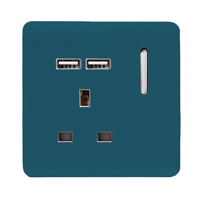 Trendi Switch ART-SKT13USBOB, Artistic Modern 1 Gang 13Amp Switched Socket WIth 2 x USB Ports Ocean Blue Finish, BRITISH MADE, (35mm Back Box Required), 5yrs Warranty - 53825