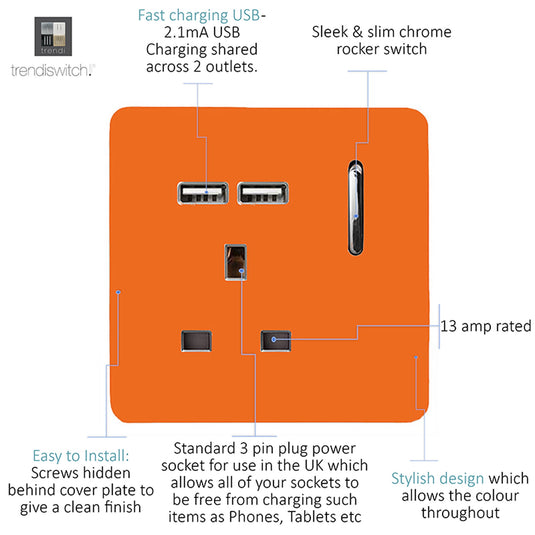 Trendi Switch ART-SKT13USBOR, Artistic Modern 1 Gang 13Amp Switched Socket WIth 2 x USB Ports Orange Finish, BRITISH MADE, (35mm Back Box Required), 5yrs Warranty - 53826