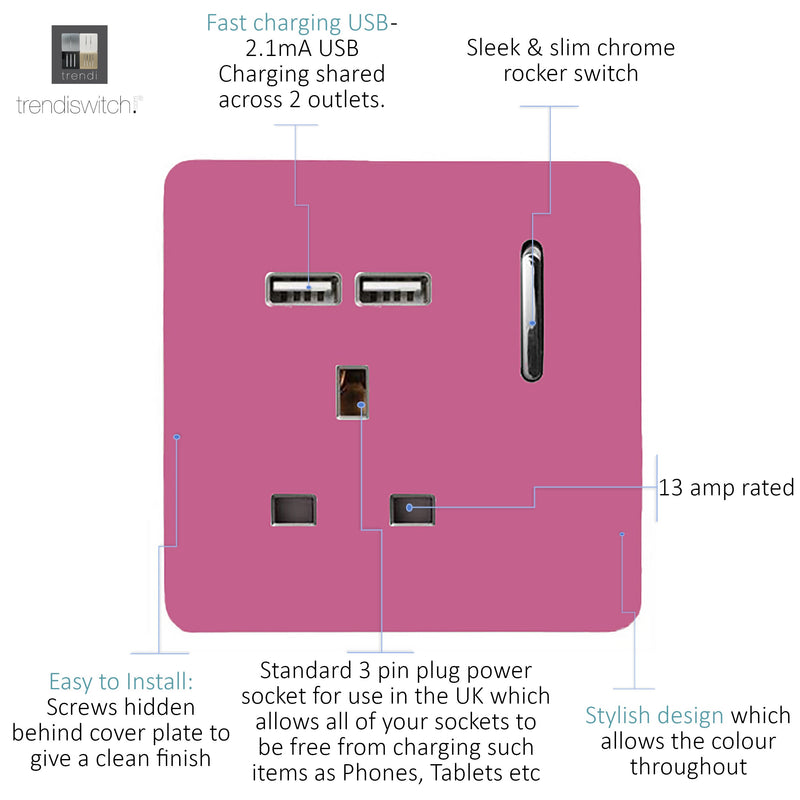 Load image into Gallery viewer, Trendi Switch ART-SKT13USBPK, Artistic Modern 1 Gang 13Amp Switched Socket WIth 2 x USB Ports Pink Finish, BRITISH MADE, (35mm Back Box Required), 5yrs Warranty - 53827
