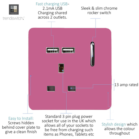 Trendi Switch ART-SKT13USBPK, Artistic Modern 1 Gang 13Amp Switched Socket WIth 2 x USB Ports Pink Finish, BRITISH MADE, (35mm Back Box Required), 5yrs Warranty - 53827