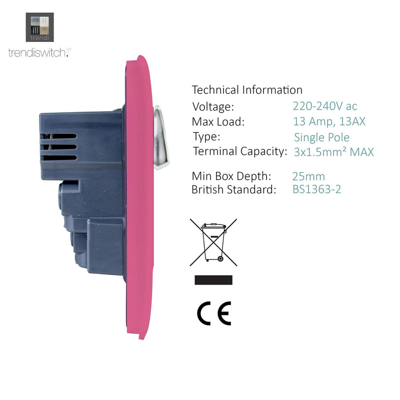 Load image into Gallery viewer, Trendi Switch ART-SKT13USBPK, Artistic Modern 1 Gang 13Amp Switched Socket WIth 2 x USB Ports Pink Finish, BRITISH MADE, (35mm Back Box Required), 5yrs Warranty - 53827
