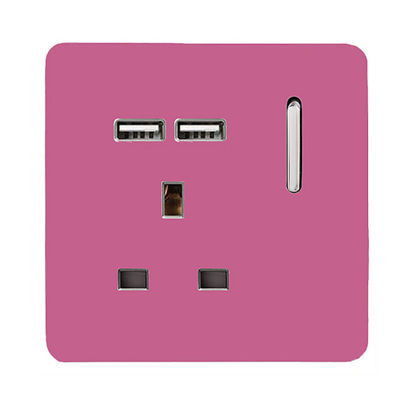 Load image into Gallery viewer, Trendi Switch ART-SKT13USBPK, Artistic Modern 1 Gang 13Amp Switched Socket WIth 2 x USB Ports Pink Finish, BRITISH MADE, (35mm Back Box Required), 5yrs Warranty - 53827
