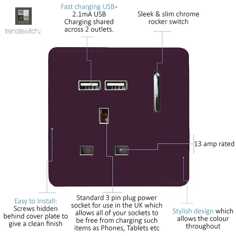 Load image into Gallery viewer, Trendi Switch ART-SKT13USBPL, Artistic Modern 1 Gang 13Amp Switched Socket WIth 2 x USB Ports Plum Finish, BRITISH MADE, (35mm Back Box Required), 5yrs Warranty - 53828
