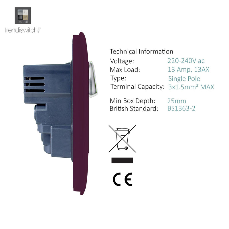 Load image into Gallery viewer, Trendi Switch ART-SKT13USBPL, Artistic Modern 1 Gang 13Amp Switched Socket WIth 2 x USB Ports Plum Finish, BRITISH MADE, (35mm Back Box Required), 5yrs Warranty - 53828
