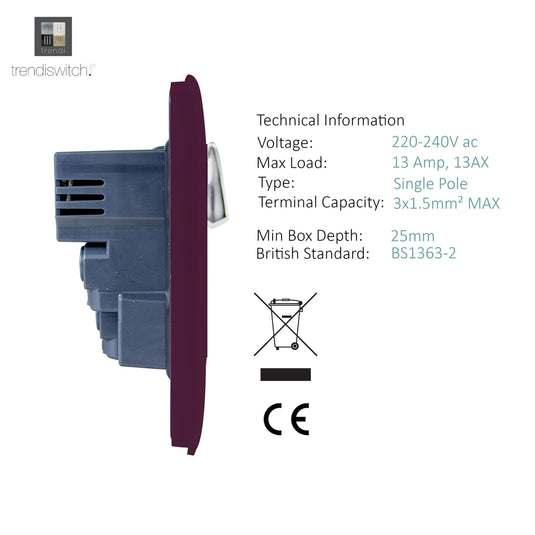 Trendi Switch ART-SKT13USBPL, Artistic Modern 1 Gang 13Amp Switched Socket WIth 2 x USB Ports Plum Finish, BRITISH MADE, (35mm Back Box Required), 5yrs Warranty - 53828