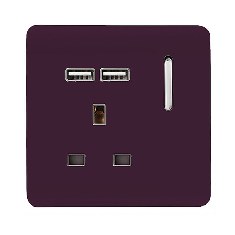 Load image into Gallery viewer, Trendi Switch ART-SKT13USBPL, Artistic Modern 1 Gang 13Amp Switched Socket WIth 2 x USB Ports Plum Finish, BRITISH MADE, (35mm Back Box Required), 5yrs Warranty - 53828
