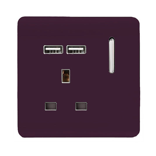 Trendi Switch ART-SKT13USBPL, Artistic Modern 1 Gang 13Amp Switched Socket WIth 2 x USB Ports Plum Finish, BRITISH MADE, (35mm Back Box Required), 5yrs Warranty - 53828