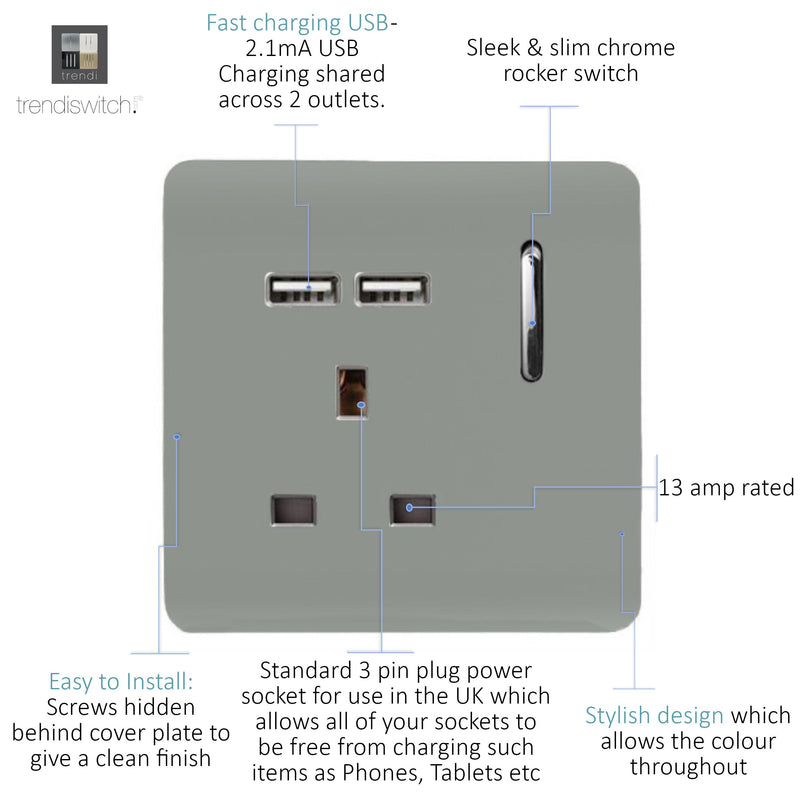 Load image into Gallery viewer, Trendi Switch ART-SKT13USBSI, Artistic Modern 1 Gang 13Amp Switched Socket WIth 2 x USB Ports Silver Finish, BRITISH MADE, (35mm Back Box Required), 5yrs Warranty - 24301

