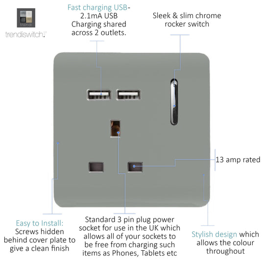 Trendi Switch ART-SKT13USBSI, Artistic Modern 1 Gang 13Amp Switched Socket WIth 2 x USB Ports Silver Finish, BRITISH MADE, (35mm Back Box Required), 5yrs Warranty - 24301