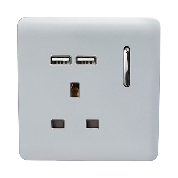 Trendi Switch ART-SKT13USBSI, Artistic Modern 1 Gang 13Amp Switched Socket WIth 2 x USB Ports Silver Finish, BRITISH MADE, (35mm Back Box Required), 5yrs Warranty - 24301