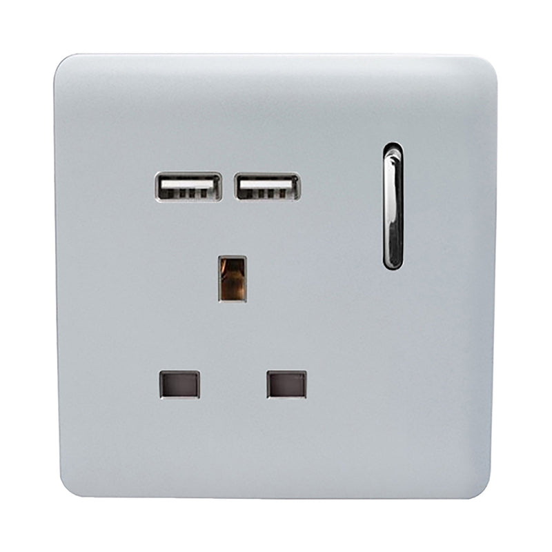 Load image into Gallery viewer, Trendi Switch ART-SKT13USBSI, Artistic Modern 1 Gang 13Amp Switched Socket WIth 2 x USB Ports Silver Finish, BRITISH MADE, (35mm Back Box Required), 5yrs Warranty - 24301
