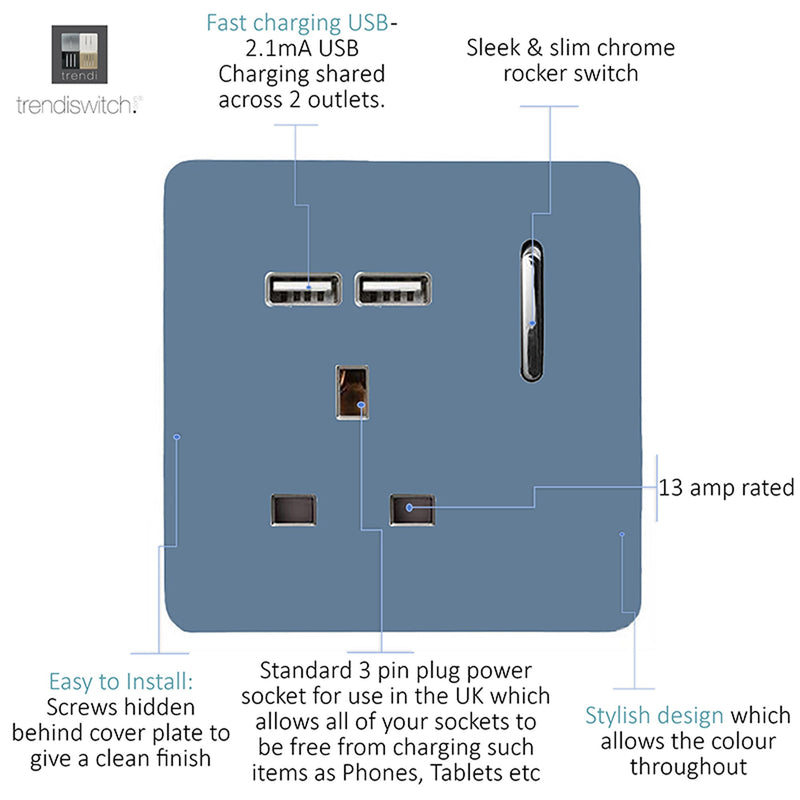 Load image into Gallery viewer, Trendi Switch ART-SKT13USBSK, Artistic Modern 1 Gang 13Amp Switched Socket WIth 2 x USB Ports Sky Finish, BRITISH MADE, (35mm Back Box Required), 5yrs Warranty - 53830
