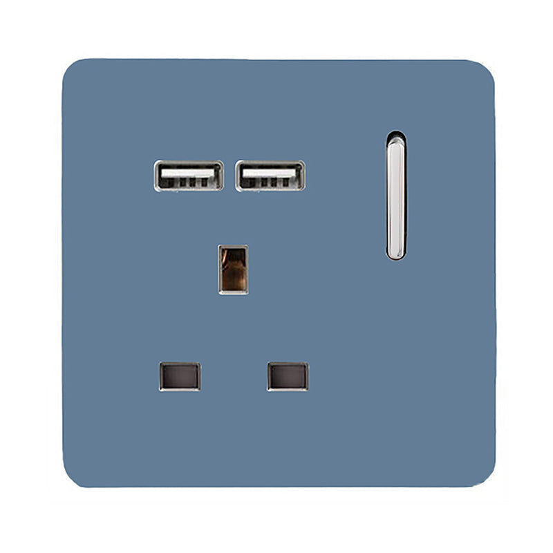 Load image into Gallery viewer, Trendi Switch ART-SKT13USBSK, Artistic Modern 1 Gang 13Amp Switched Socket WIth 2 x USB Ports Sky Finish, BRITISH MADE, (35mm Back Box Required), 5yrs Warranty - 53830
