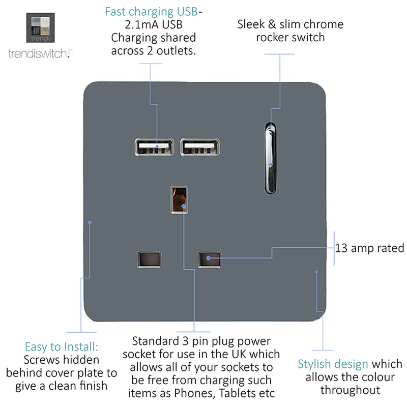 Load image into Gallery viewer, Trendi Switch ART-SKT13USBWG, Artistic Modern 1 Gang 13Amp Switched Socket WIth 2 x USB Ports Warm Grey Finish, BRITISH MADE, (35mm Back Box Required), 5yrs Warranty - 53831
