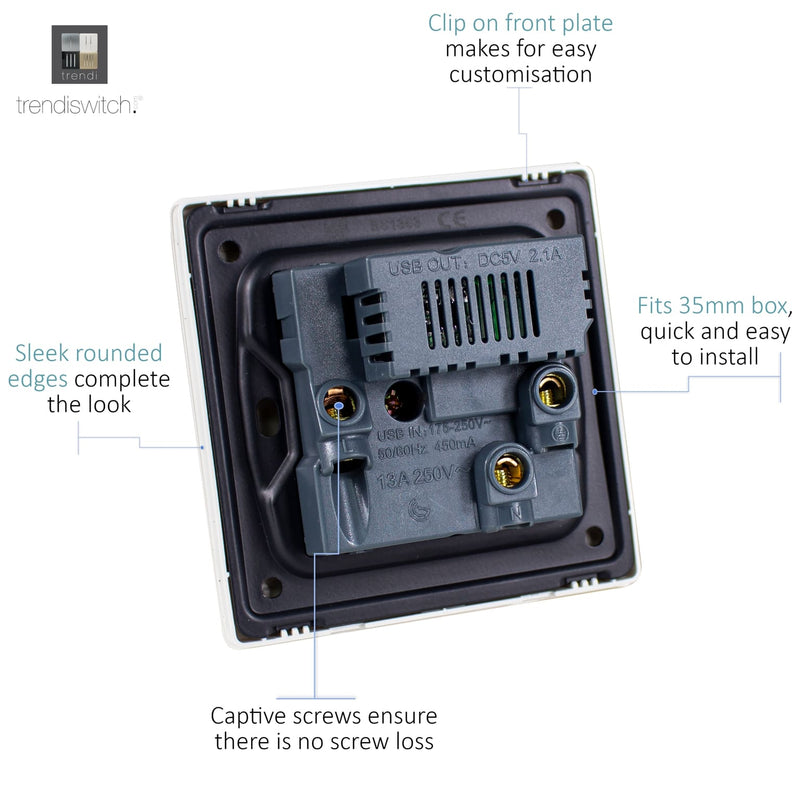 Load image into Gallery viewer, Trendi Switch ART-SKT13USBBK, Artistic Modern 1 Gang 13Amp Switched Socket WIth 2 x USB Ports Gloss Black Finish, BRITISH MADE, (35mm Back Box Required), 5yrs Warranty - 24300
