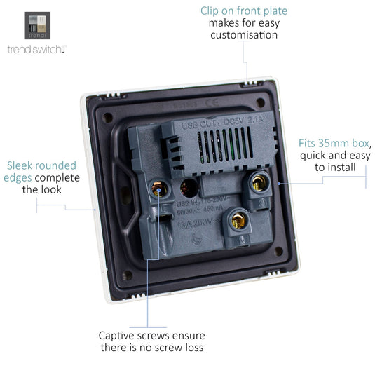 Trendi Switch ART-SKT13USBSK, Artistic Modern 1 Gang 13Amp Switched Socket WIth 2 x USB Ports Sky Finish, BRITISH MADE, (35mm Back Box Required), 5yrs Warranty - 53830