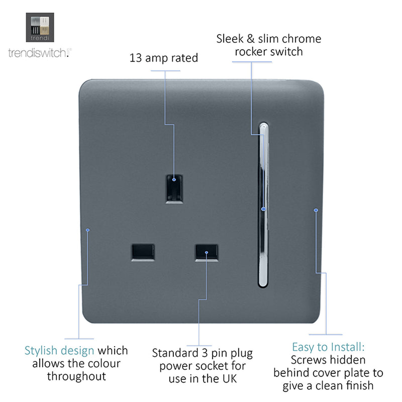 Load image into Gallery viewer, Trendi Switch ART-SKT13WG, Artistic Modern 1 Gang 13Amp Switched Socket Warm Grey Finish, BRITISH MADE, (25mm Back Box Required), 5yrs Warranty - 53832
