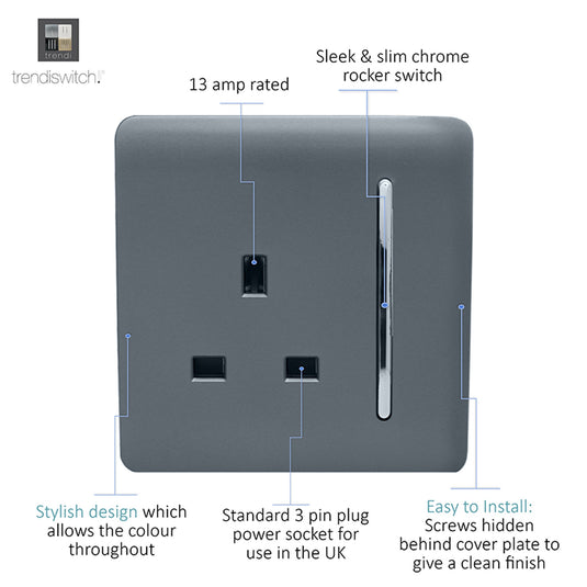 Trendi Switch ART-SKT13WG, Artistic Modern 1 Gang 13Amp Switched Socket Warm Grey Finish, BRITISH MADE, (25mm Back Box Required), 5yrs Warranty - 53832