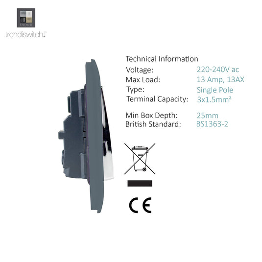 Trendi Switch ART-SKT13WG, Artistic Modern 1 Gang 13Amp Switched Socket Warm Grey Finish, BRITISH MADE, (25mm Back Box Required), 5yrs Warranty - 53832