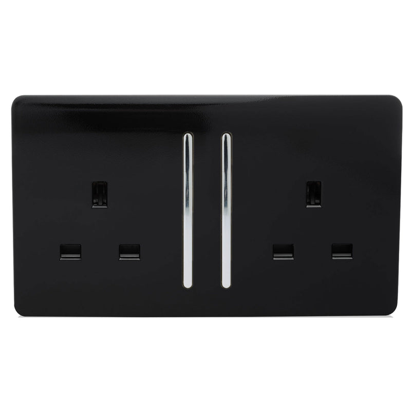 Load image into Gallery viewer, Trendi Switch ART-SKT213LBK, Artistic Modern 2 Gang 13Amp Long Switched Double Socket Gloss Black Finish, BRITISH MADE, (25mm Back Box Required), 5yrs Warranty - 24236
