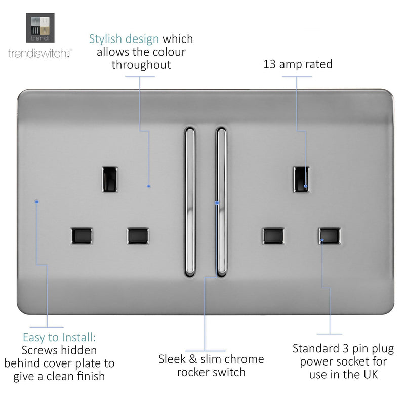 Load image into Gallery viewer, Trendi Switch ART-SKT213LBS, Artistic Modern 2 Gang 13Amp Long Switched Double Socket Brushed Steel Finish, BRITISH MADE, (25mm Back Box Required), 5yrs Warranty - 53833
