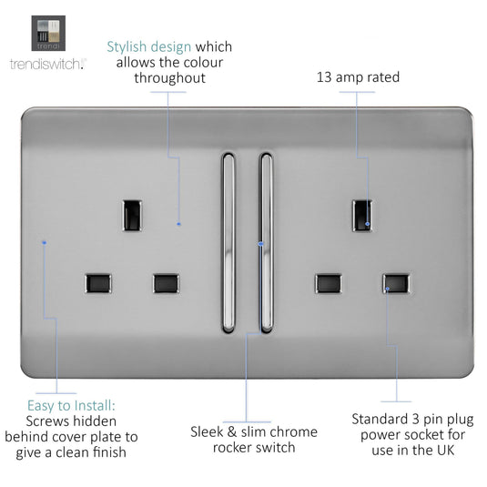 Trendi Switch ART-SKT213LBS, Artistic Modern 2 Gang 13Amp Long Switched Double Socket Brushed Steel Finish, BRITISH MADE, (25mm Back Box Required), 5yrs Warranty - 53833