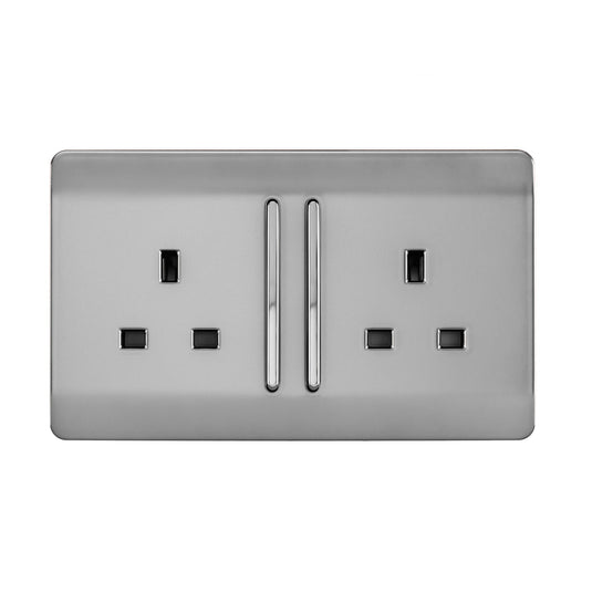 Trendi Switch ART-SKT213LBS, Artistic Modern 2 Gang 13Amp Long Switched Double Socket Brushed Steel Finish, BRITISH MADE, (25mm Back Box Required), 5yrs Warranty - 53833