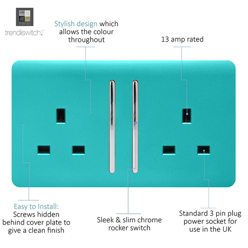 Load image into Gallery viewer, Trendi Switch ART-SKT213LBT, Artistic Modern 2 Gang 13Amp Long Switched Double Socket Bright Teal Finish, BRITISH MADE, (25mm Back Box Required), 5yrs Warranty - 53834
