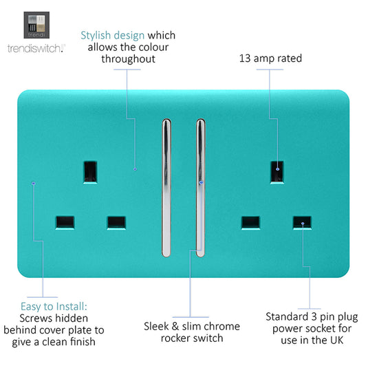 Trendi Switch ART-SKT213LBT, Artistic Modern 2 Gang 13Amp Long Switched Double Socket Bright Teal Finish, BRITISH MADE, (25mm Back Box Required), 5yrs Warranty - 53834