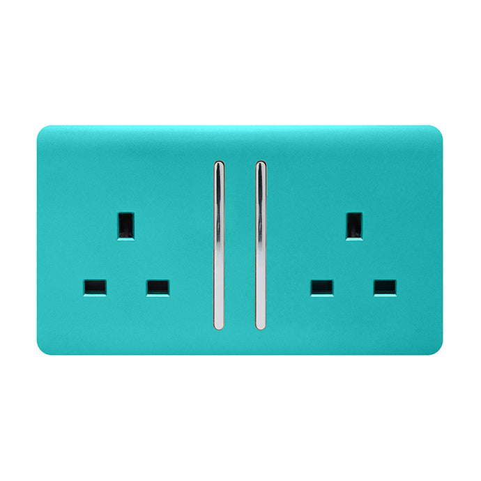 Trendi Switch ART-SKT213LBT, Artistic Modern 2 Gang 13Amp Long Switched Double Socket Bright Teal Finish, BRITISH MADE, (25mm Back Box Required), 5yrs Warranty - 53834