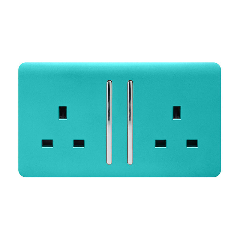 Load image into Gallery viewer, Trendi Switch ART-SKT213LBT, Artistic Modern 2 Gang 13Amp Long Switched Double Socket Bright Teal Finish, BRITISH MADE, (25mm Back Box Required), 5yrs Warranty - 53834
