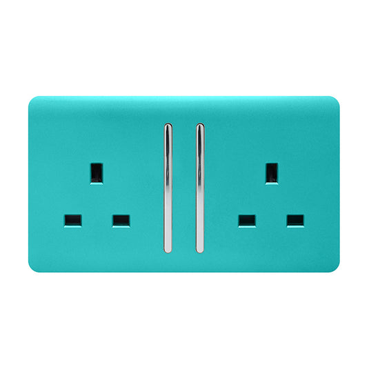 Trendi Switch ART-SKT213LBT, Artistic Modern 2 Gang 13Amp Long Switched Double Socket Bright Teal Finish, BRITISH MADE, (25mm Back Box Required), 5yrs Warranty - 53834