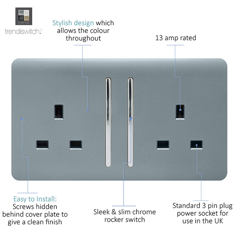 Load image into Gallery viewer, Trendi Switch ART-SKT213LCG, Artistic Modern 2 Gang 13Amp Long Switched Double Socket Cool Grey Finish, BRITISH MADE, (25mm Back Box Required), 5yrs Warranty - 53835
