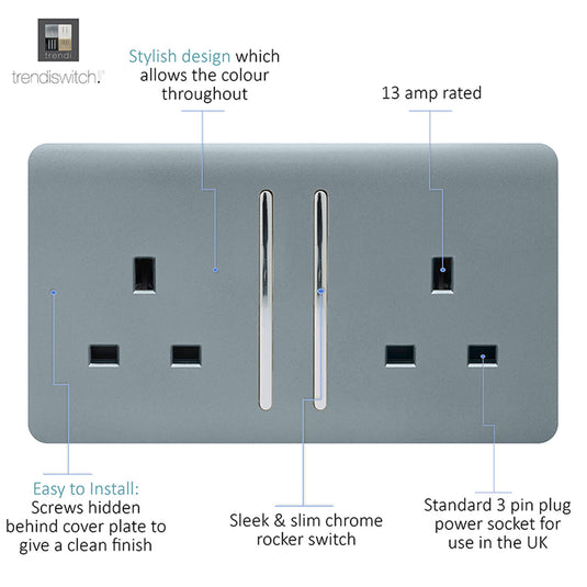 Trendi Switch ART-SKT213LCG, Artistic Modern 2 Gang 13Amp Long Switched Double Socket Cool Grey Finish, BRITISH MADE, (25mm Back Box Required), 5yrs Warranty - 53835